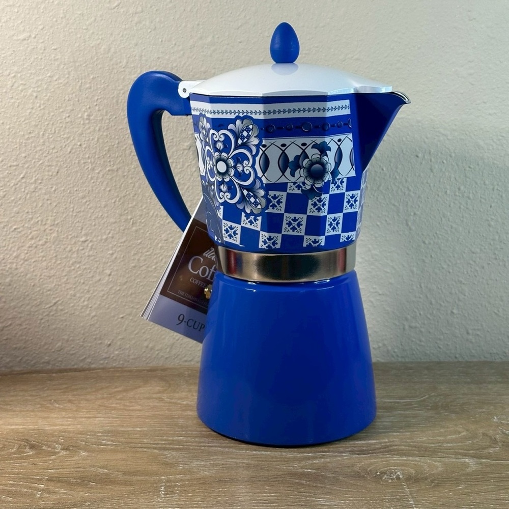Brandani 9 Cup Italian Coffee Maker Aluminum Moka Pot Sicilian Pattern Blue - Picture 4 of 7